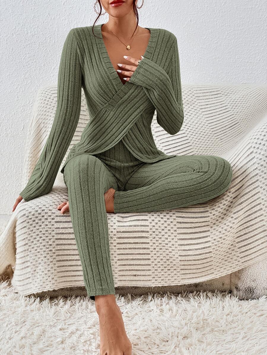 SHEIN Essnce Bộ đồ hai mảnh nữ Bất đối xứng Trọn gói màu trơn Giải trí - xanh quân đội - Xem 1