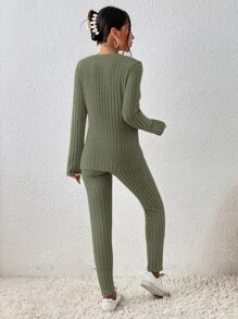 SHEIN Essnce Bộ đồ hai mảnh nữ Bất đối xứng Trọn gói màu trơn Giải trí - xanh quân đội - Xem 2