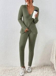 SHEIN Essnce Bộ đồ hai mảnh nữ Bất đối xứng Trọn gói màu trơn Giải trí - xanh quân đội - Xem 3