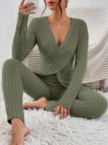 SHEIN Essnce Bộ đồ hai mảnh nữ Bất đối xứng Trọn gói màu trơn Giải trí - xanh quân đội - Xem 4