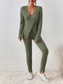 SHEIN Essnce Bộ đồ hai mảnh nữ Bất đối xứng Trọn gói màu trơn Giải trí - xanh quân đội - Xem 5