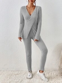 SHEIN Essnce 十字交叉圍裹T恤和緊身打底褲 - 灰色 - 查看 4