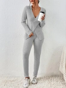 SHEIN Essnce 十字交叉圍裹T恤和緊身打底褲 - 灰色 - 查看 5