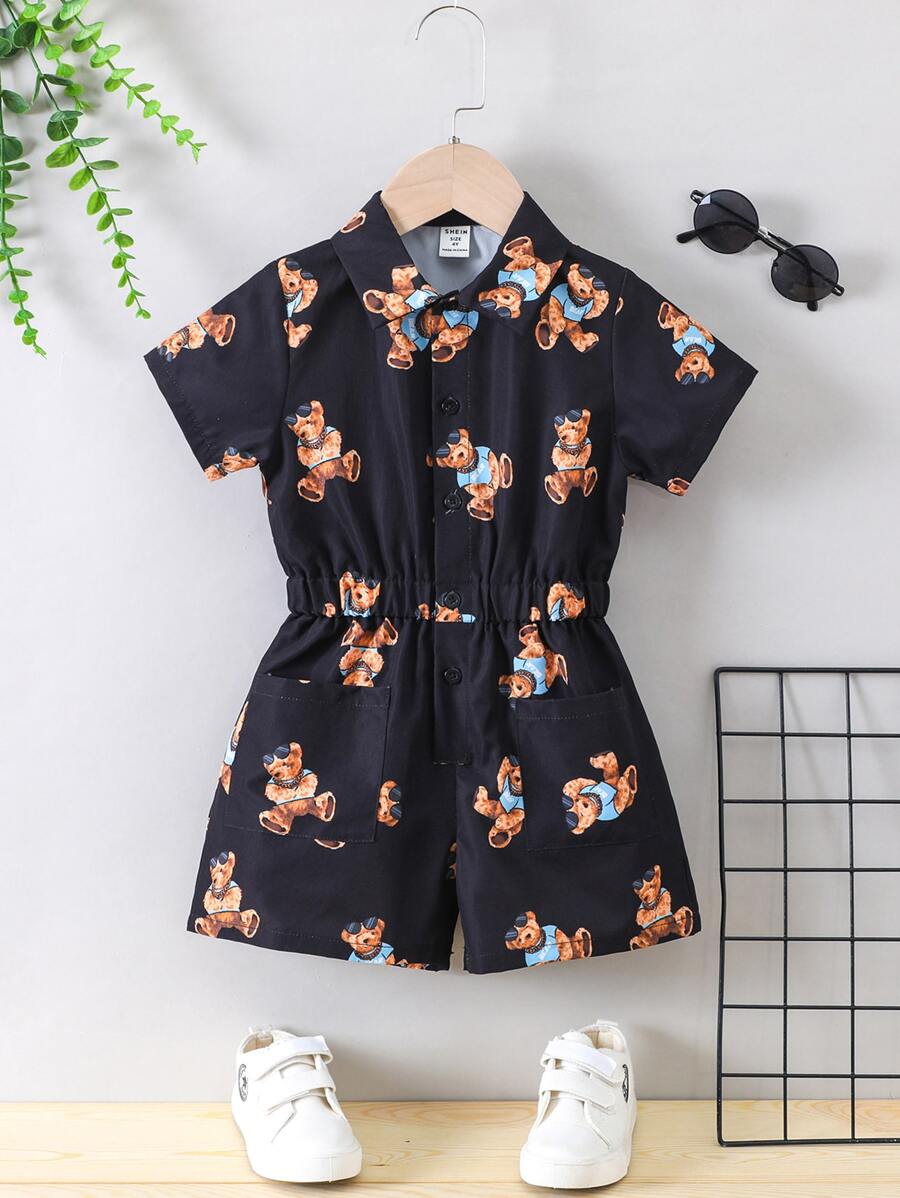 小男童小熊印花襯衫連體短褲