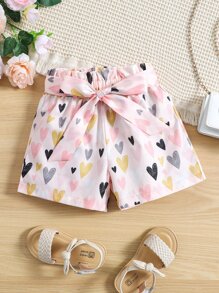 SHEIN 女小童燈粉色愛心圖案圖案休閒,甜美風,舒服和多用途短褲適合夏天 - 淺粉色 - 查看 1