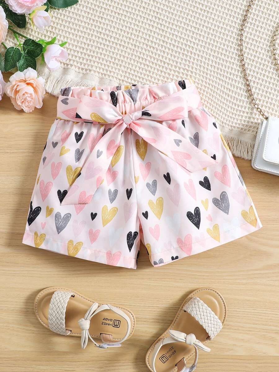 SHEIN 女小童燈粉色愛心圖案圖案休閒,甜美風,舒服和多用途短褲適合夏天 - 淺粉色 - 查看 1
