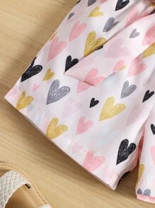SHEIN 女小童燈粉色愛心圖案圖案休閒,甜美風,舒服和多用途短褲適合夏天 - 淺粉色 - 查看 3