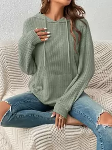 SHEIN Frenchy Pocket Drop Shoulder Drawstring Hoodie In Fall/Winter Green Green - Green - View 1