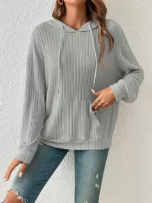 SHEIN Frenchy 袋鼠口袋落肩袖抽繩連帽衫 - 灰色 - 查看 3