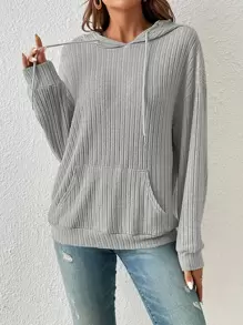 SHEIN Frenchy 袋鼠口袋落肩袖抽繩連帽衫 - 灰色 - 查看 4