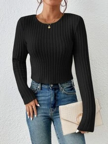 SHEIN Frenchy Camiseta crop tejido de canalé - Negro - Ver 3