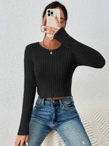 SHEIN Frenchy Camiseta crop tejido de canalé - Negro - Ver 4