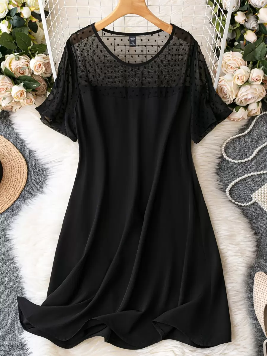 SHEIN Clasi Vestido con malla jacquard en contraste yugo - Negro - Ver 1