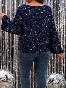 SHEIN Unity 大碼斑點印花喇叭袖襯衫 - 藏蓝色 - 查看 2