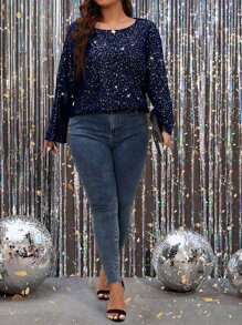 SHEIN Unity 大碼斑點印花喇叭袖襯衫 - 藏蓝色 - 查看 3