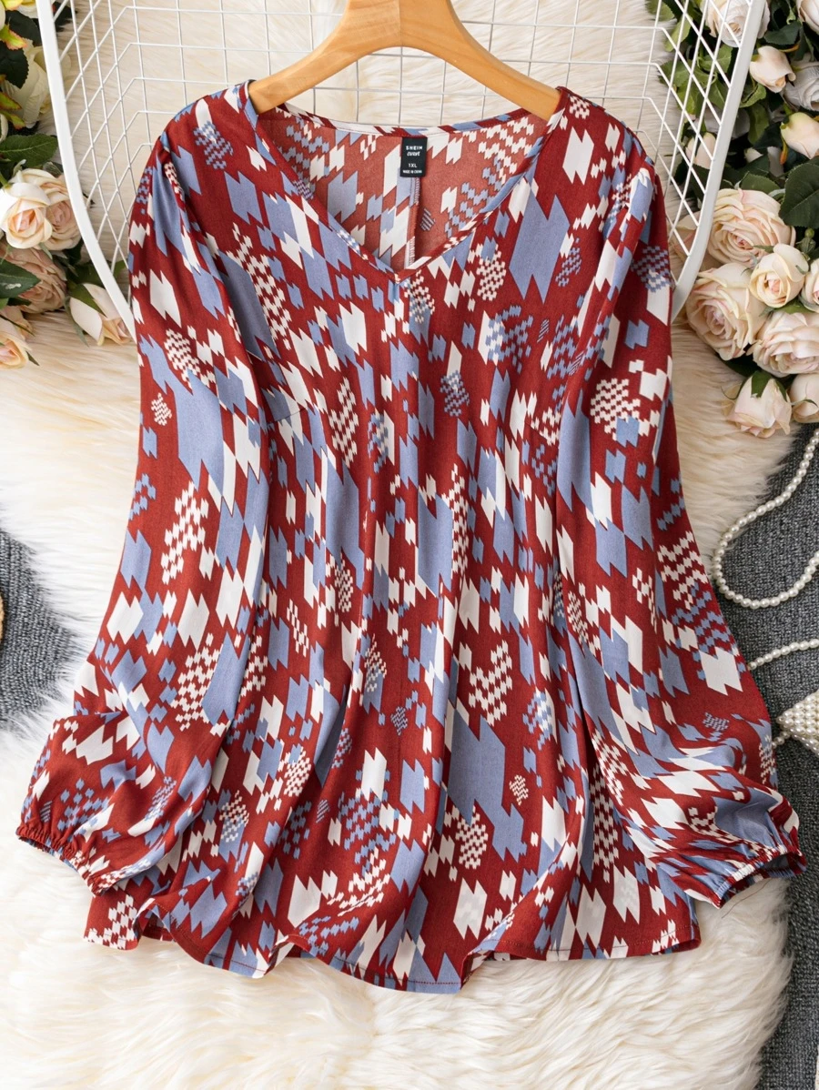 SHEIN LUNE Plus Allover Print Lantern Sleeve Blouse - Multicolor - View 1