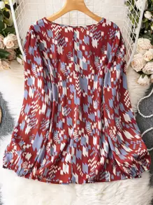 SHEIN LUNE Plus Allover Print Lantern Sleeve Blouse - Multicolor - View 2