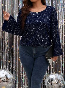 SHEIN Unity 大碼斑點印花喇叭袖襯衫 - 藏蓝色 - 查看 5