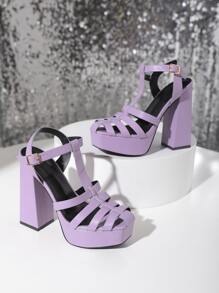 優雅踝帶平底涼鞋適用於女士編織細節防水台粗跟涼鞋 - 紫色 - 查看 4