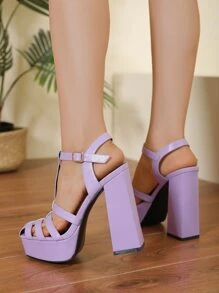 優雅踝帶平底涼鞋適用於女士編織細節防水台粗跟涼鞋 - 紫色 - 查看 5