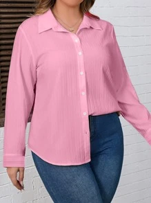 SHEIN LUNE Áo sơ mi Plus Size Nút phía trước màu trơn Giải trí - Hồng - Xem 1
