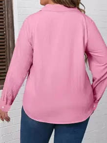 SHEIN LUNE Áo sơ mi Plus Size Nút phía trước màu trơn Giải trí - Hồng - Xem 2