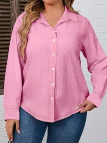 SHEIN LUNE Áo sơ mi Plus Size Nút phía trước màu trơn Giải trí - Hồng - Xem 3