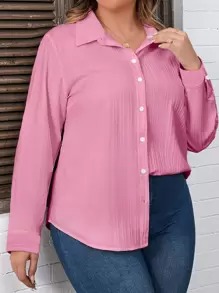 SHEIN LUNE Áo sơ mi Plus Size Nút phía trước màu trơn Giải trí - Hồng - Xem 4