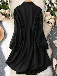 SHEIN LUNE Plus Contrast Swiss Dot Mesh Lantern Sleeve Belted Shirt Dress - Black - View 2