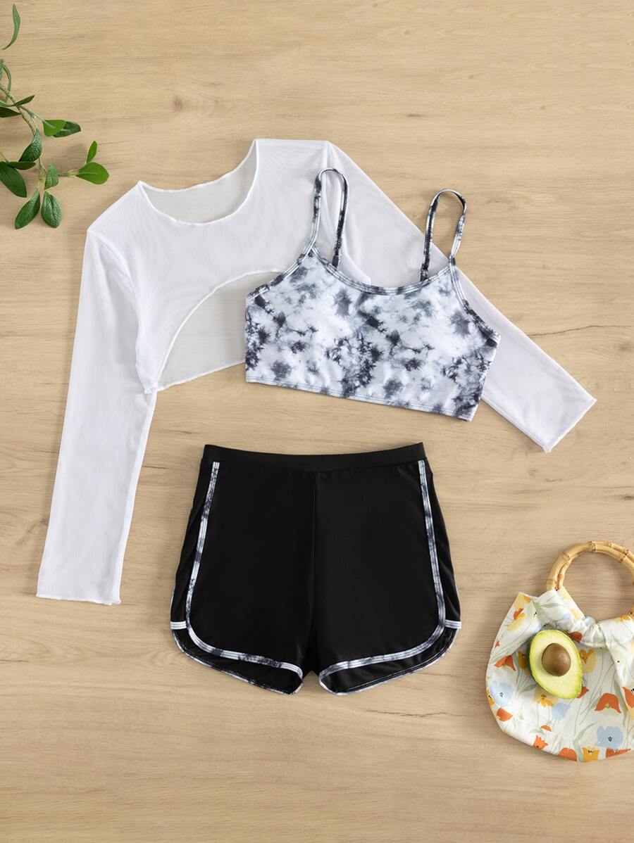 少女扎染比基尼套装（带罩衫）夏季海滩 - 黑與白 - 查看 1