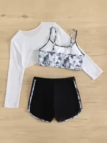 少女扎染比基尼套装（带罩衫）夏季海滩 - 黑與白 - 查看 2