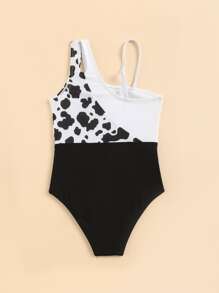 女孩奶牛圖案不對稱領鏤空連體泳衣 - 黑與白 - 查看 2