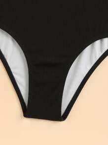 女孩奶牛圖案不對稱領鏤空連體泳衣 - 黑與白 - 查看 3