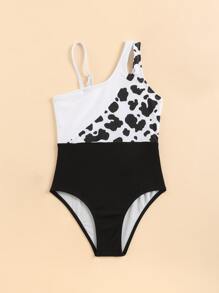 女孩奶牛圖案不對稱領鏤空連體泳衣 - 黑與白 - 查看 5