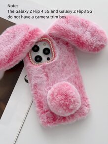 1pc Pompom & Rabbit Ear Decor Fuzzy Phone Case - Coral Pink - View 4