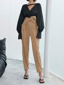 Solid Belted Carrot Trousers - Camel - View 1