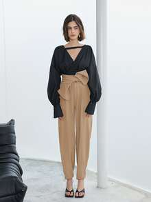 Solid Belted Carrot Trousers - Camel - View 4