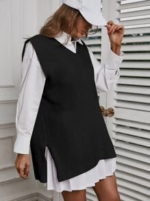 1pc Solid Ribbed Split Side Sweater Vest Winter Black Casual - Black - View 1