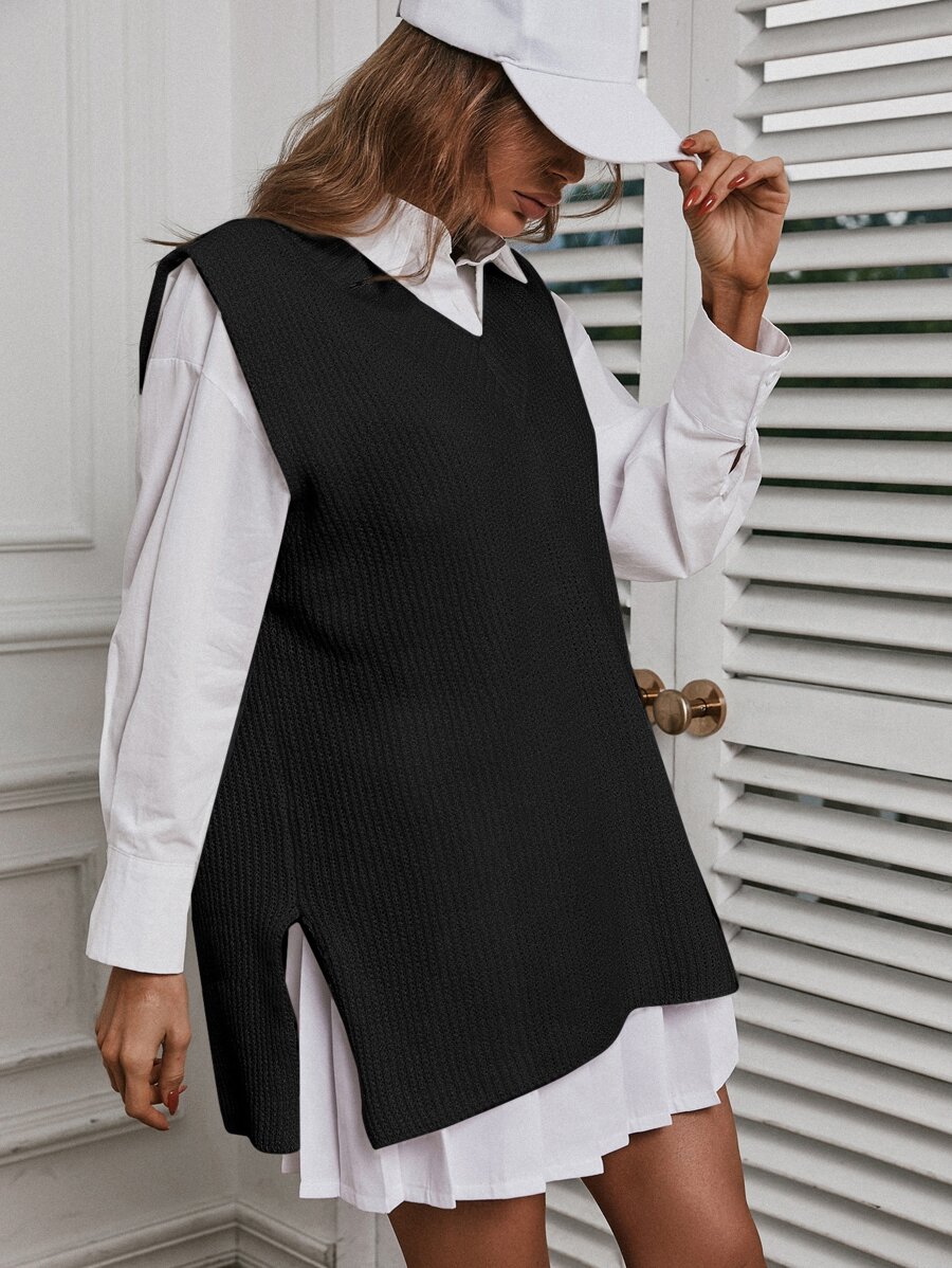 1pc Solid Ribbed Split Side Sweater Vest Winter Black Casual - Black - View 1