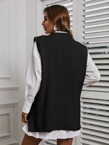 1pc Solid Ribbed Split Side Sweater Vest Winter Black Casual - Black - View 2