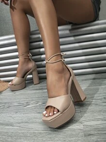 女士極簡腿部繫帶設計防水台粗跟條帶優雅夏天高跟涼鞋 - 杏色 - 查看 2