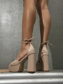 女士極簡腿部繫帶設計防水台粗跟條帶優雅夏天高跟涼鞋 - 杏色 - 查看 4