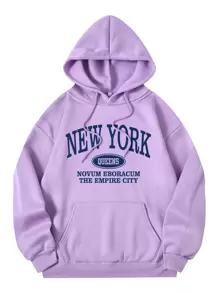 INAWLY Letter Graphic Kangaroo Pocket Drawstring Thermal Hoodie - Lilac Purple - View 1