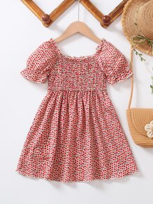 小女童碎花泡泡袖褶邊洋裝