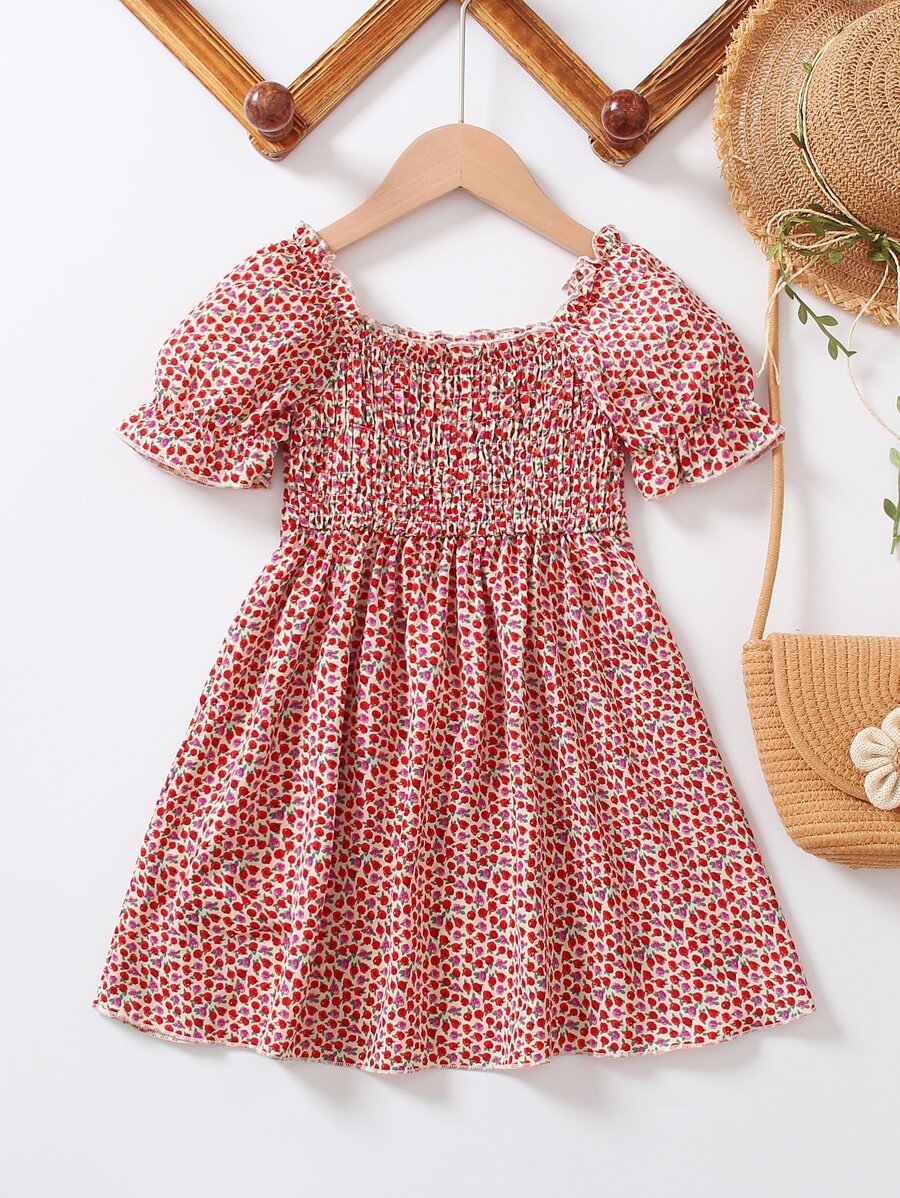 小女童碎花泡泡袖褶邊洋裝
