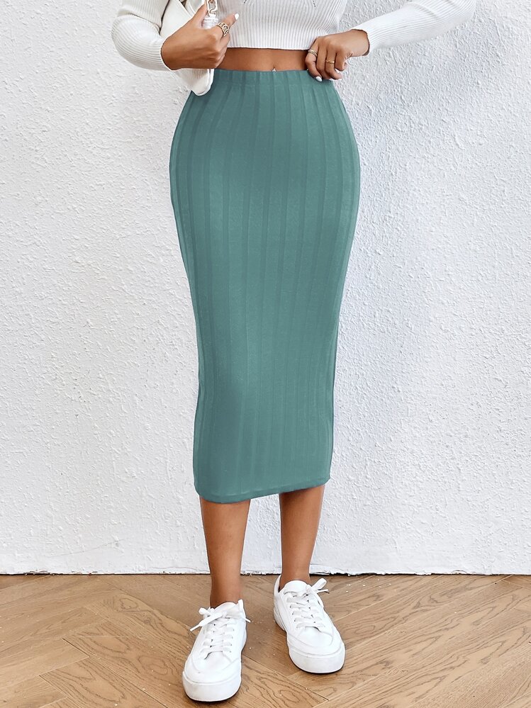 SHEIN LUNE Falda de lápiz de cintura elástica - Verde - Ver 5