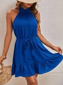 SHEIN VCAY 後鎖孔荷葉邊腰帶掛脖連衣裙 - 寶藍色 - 查看 2