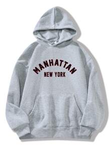 SHEIN EZwear Letter Graphic Kangaroo Pocket Drawstring Thermal Hoodie - Light Grey - View 1