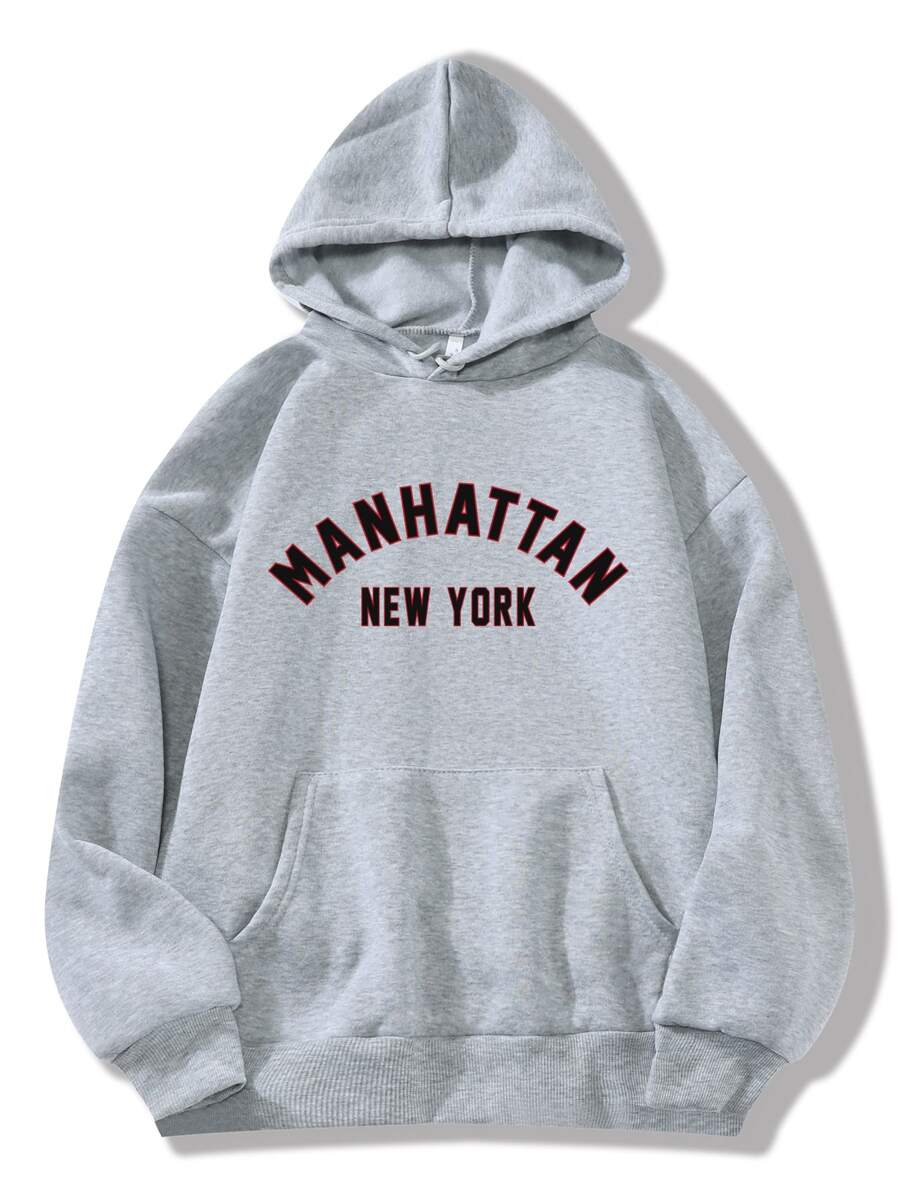 SHEIN EZwear Letter Graphic Kangaroo Pocket Drawstring Thermal Hoodie - Light Grey - View 1