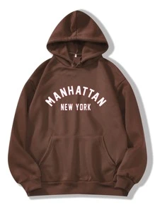 SHEIN EZwear Letter Graphic Kangaroo Pocket Drawstring Thermal Hoodie - Chocolate Brown - View 1